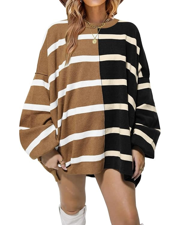 Fisoew Womens Striped Pullover Sweater Crew Neck Long Sleeve Knitted Color Block Casual Loose Lig... | Amazon (US)