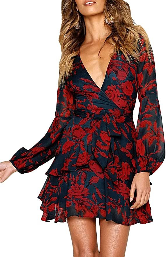 UGUEST Women Long Sleeve V Neck Dress Floral Mini Swing Party Wedding Dress with Belt | Amazon (US)