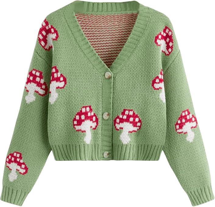 SweatyRocks Girl's Cute Graphic Print V Neck Sweater Button Down Knitted Cardigan Top | Amazon (US)