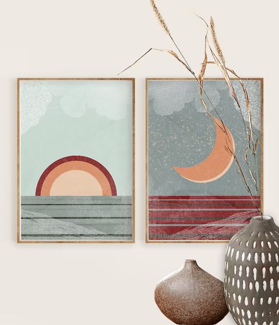 Sun and Moon Print Set of 2, Abstract Ocean Landscape, Aqua & Orange  Mid Century Modern Minimal ... | Etsy (US)