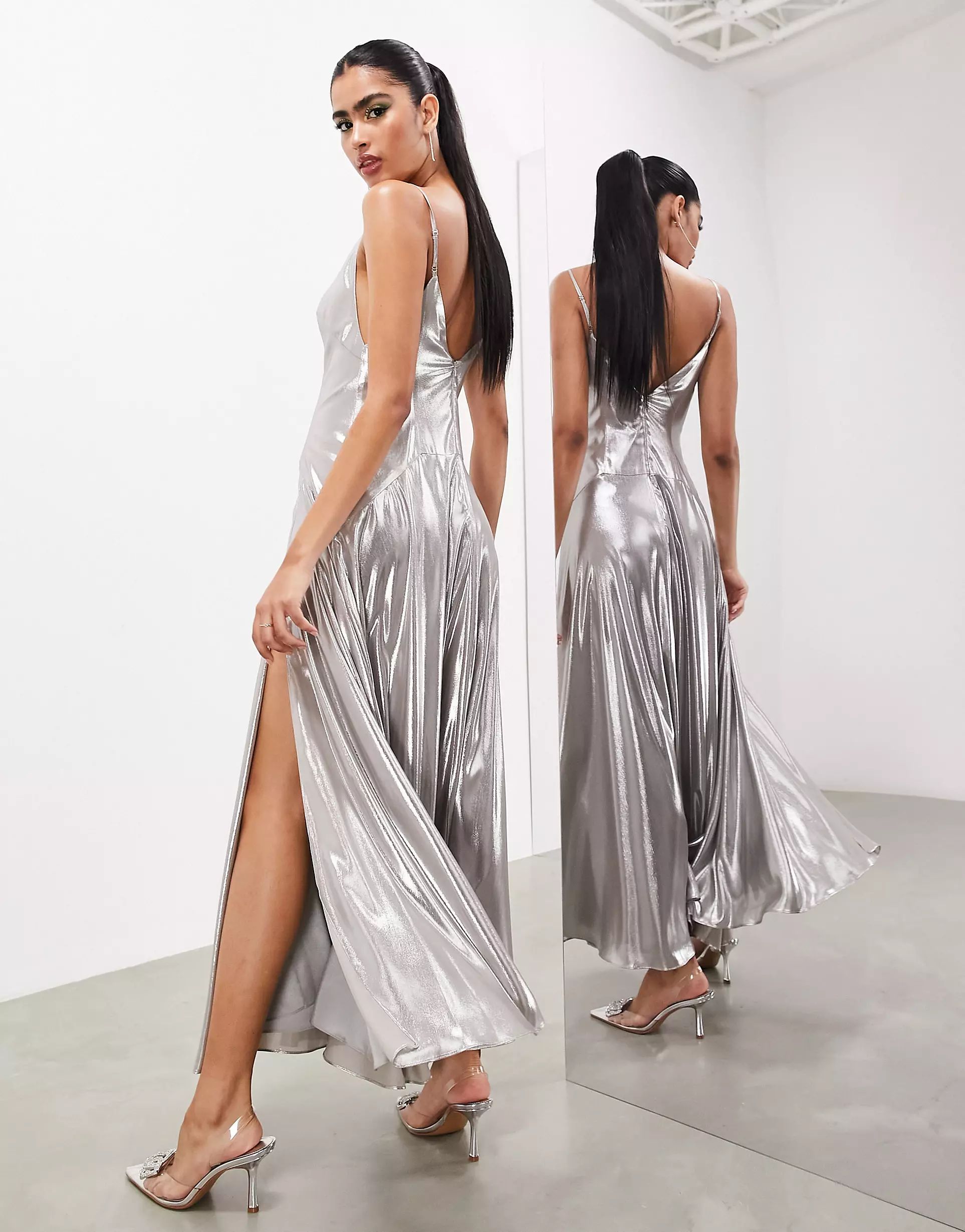 ASOS EDITION strappy cami paneled maxi dress in metallic silver | ASOS (Global)
