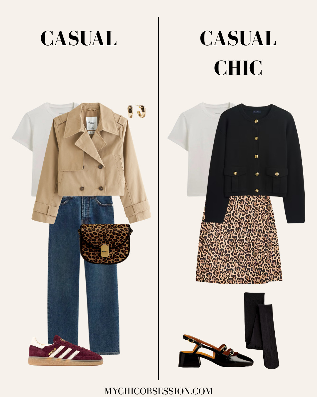 Take your white t-shirt from casual to casual chic with a few easy tweaks. For a more casual look, pair your white tee with a cropped trench coat, classic jeans, a pair of burgundy sneakers and a leopard print bag. For a look that's a bit more chic, pair it with a lady jacket sweater, a leopard print mini skirt, sheer tights and Mary Jane heels. 

 #LTKSeasonal