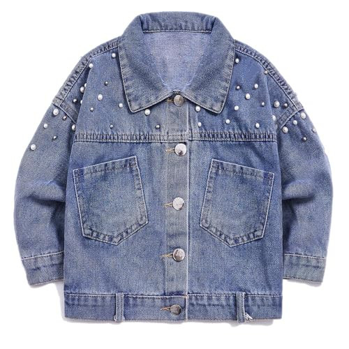 YIYI Girls' Pearls Denim Jacket Outerwear Button Down Jean Jackets Long Sleeve Kids Denim Coat Tops Blue 7-8 Years | Amazon (US)