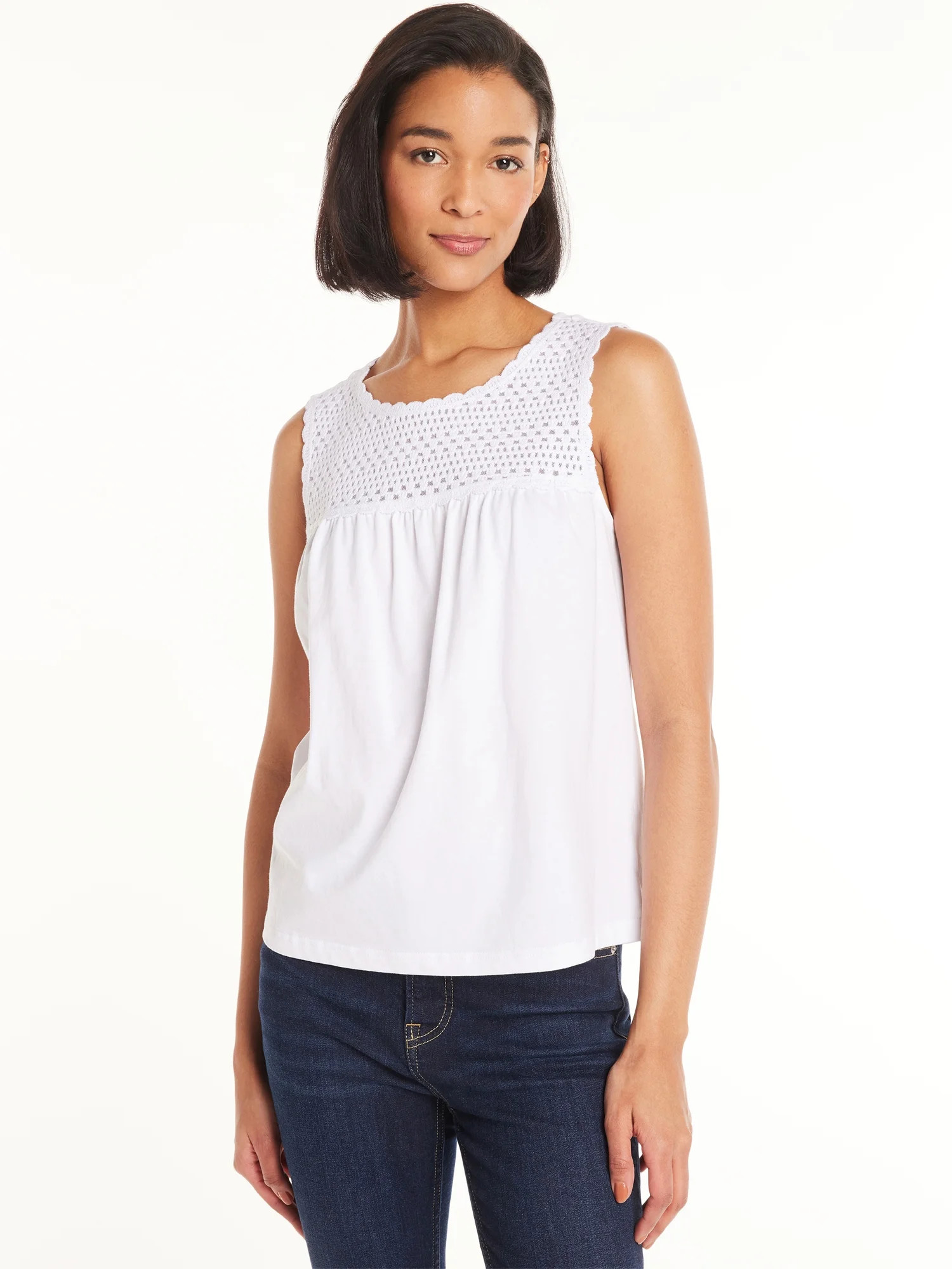 Time and Tru Women's Sleeveless Cotton Top with Crochet Yoke, Sizes XS-XXXL | Walmart (US)