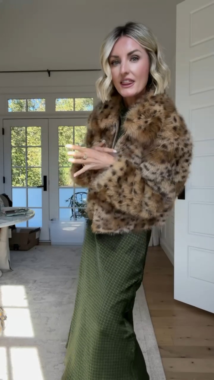 The perfect fall olive green 🫒 Love the halter neckline and subtle print on this maxi dress, so easy to dress up or down. Wearing size small 

Loverly grey, olive green satin patterned dress, cheetah fur jacket, womens fashion, outfit ideas for fall  

 #LTKootd #LTKSeasonal