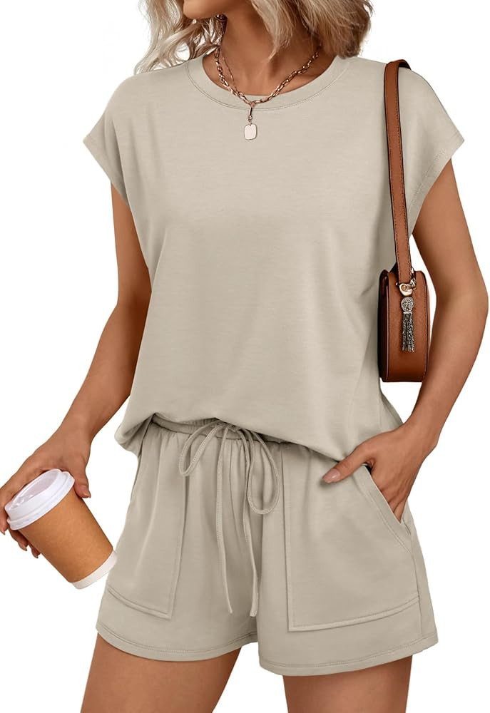 LILLUSORY Womens Crew Neck Cap Sleeve Drawstring Two Piece Summer short Sets Sweatsuit with Pocke... | Amazon (US)
