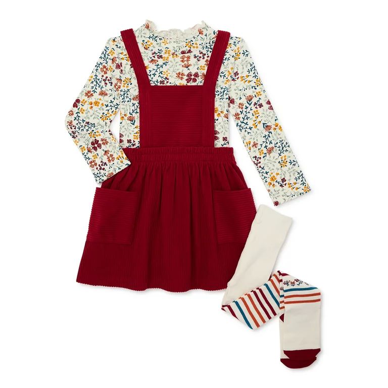 Wonder Nation Toddler Girl Velvet Pinafore, Top and Tights Outfit Set, 3-Piece, Sizes 12M-5T - Wa... | Walmart (US)
