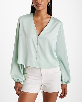 V-Neck Balloon Sleeve Button Up Shirt | Express