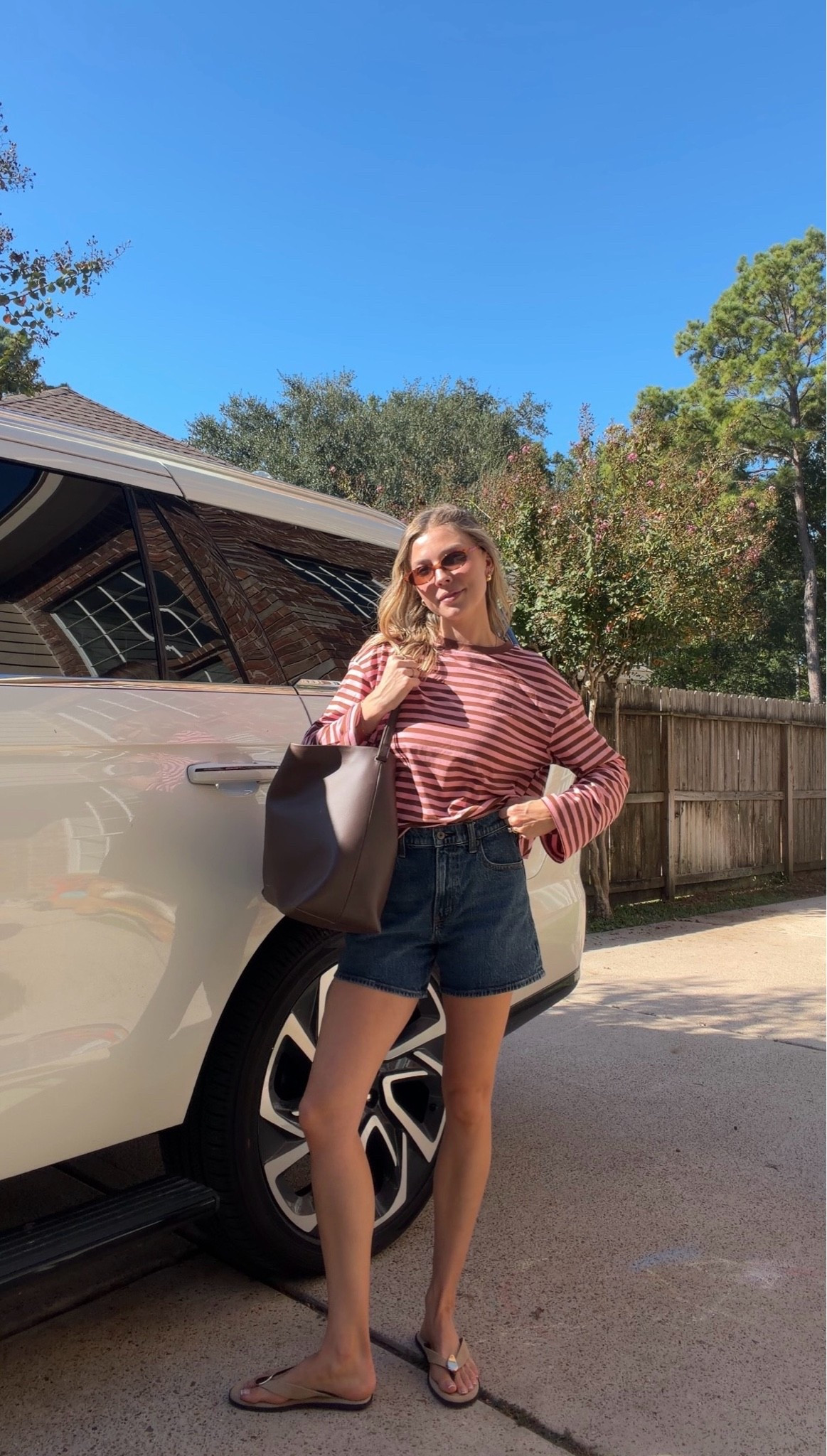 Comfy casual early fall mom outfit! S in long sleeve and 26 in jean shorts. Also linked similar I also have and love!