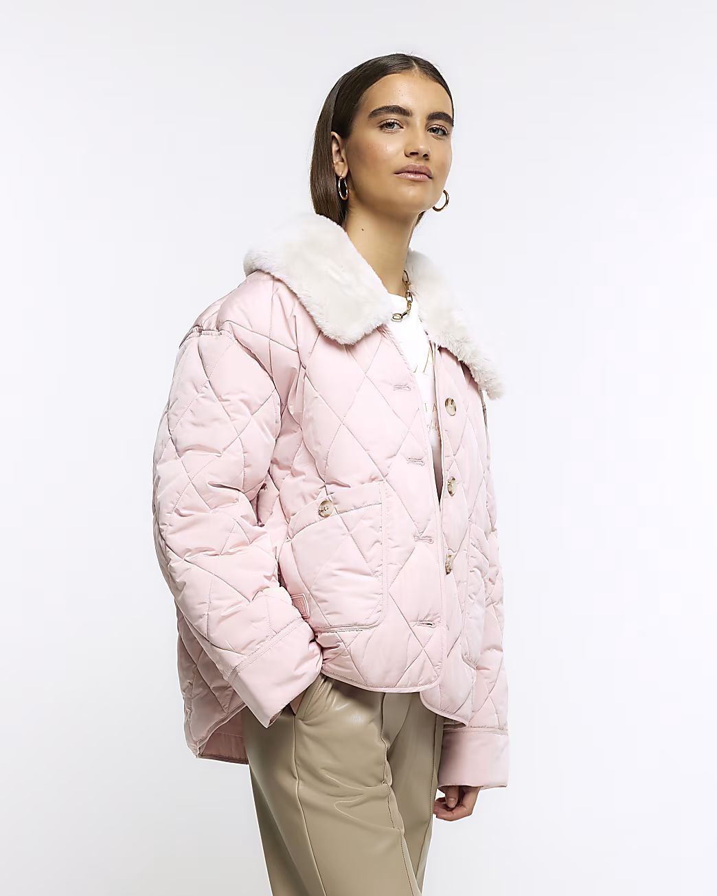 Pink faux fur collar padded jacket | River Island (UK & IE)