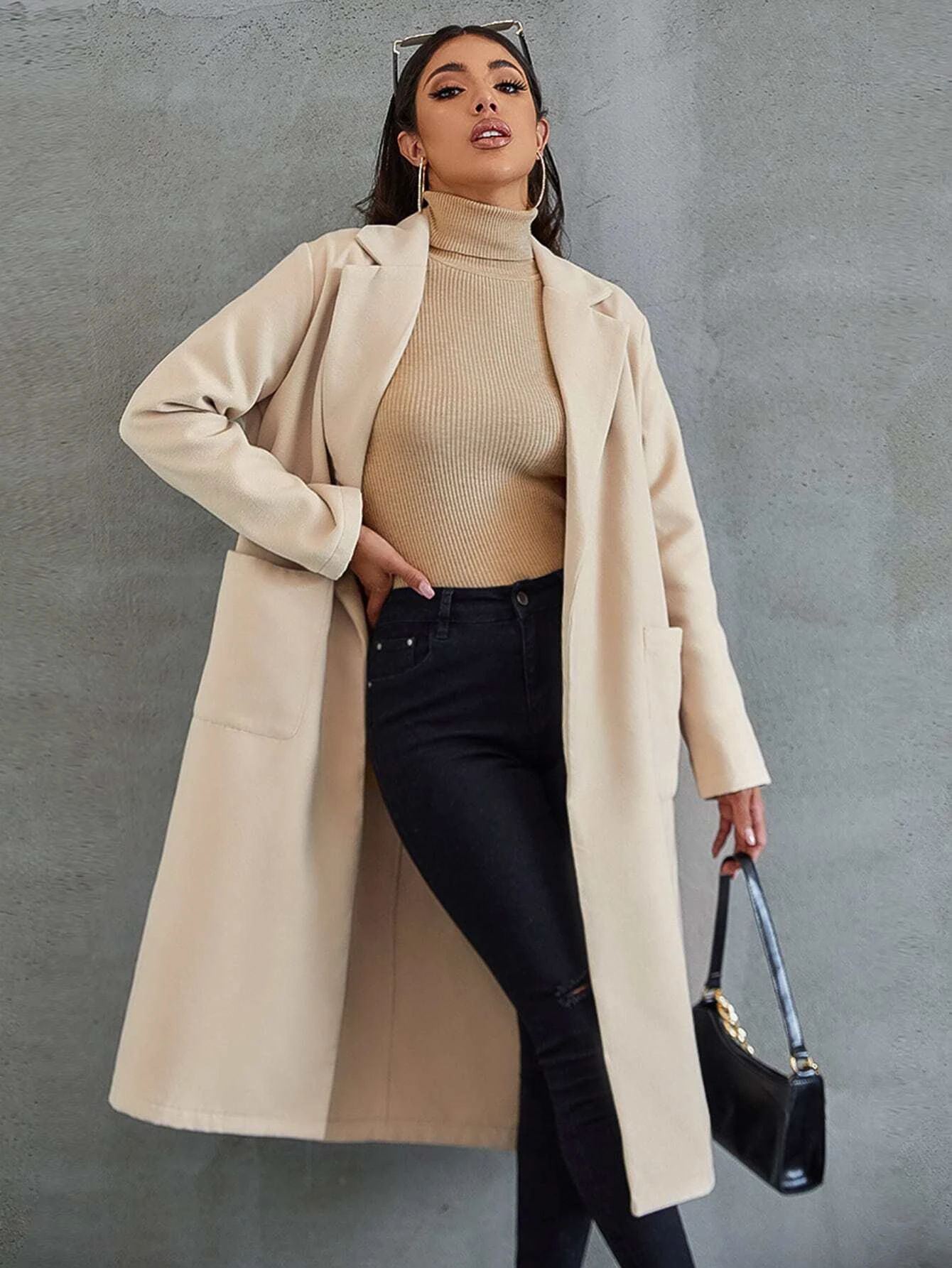 Notched Collar Pocket Side Overcoat | SHEIN
