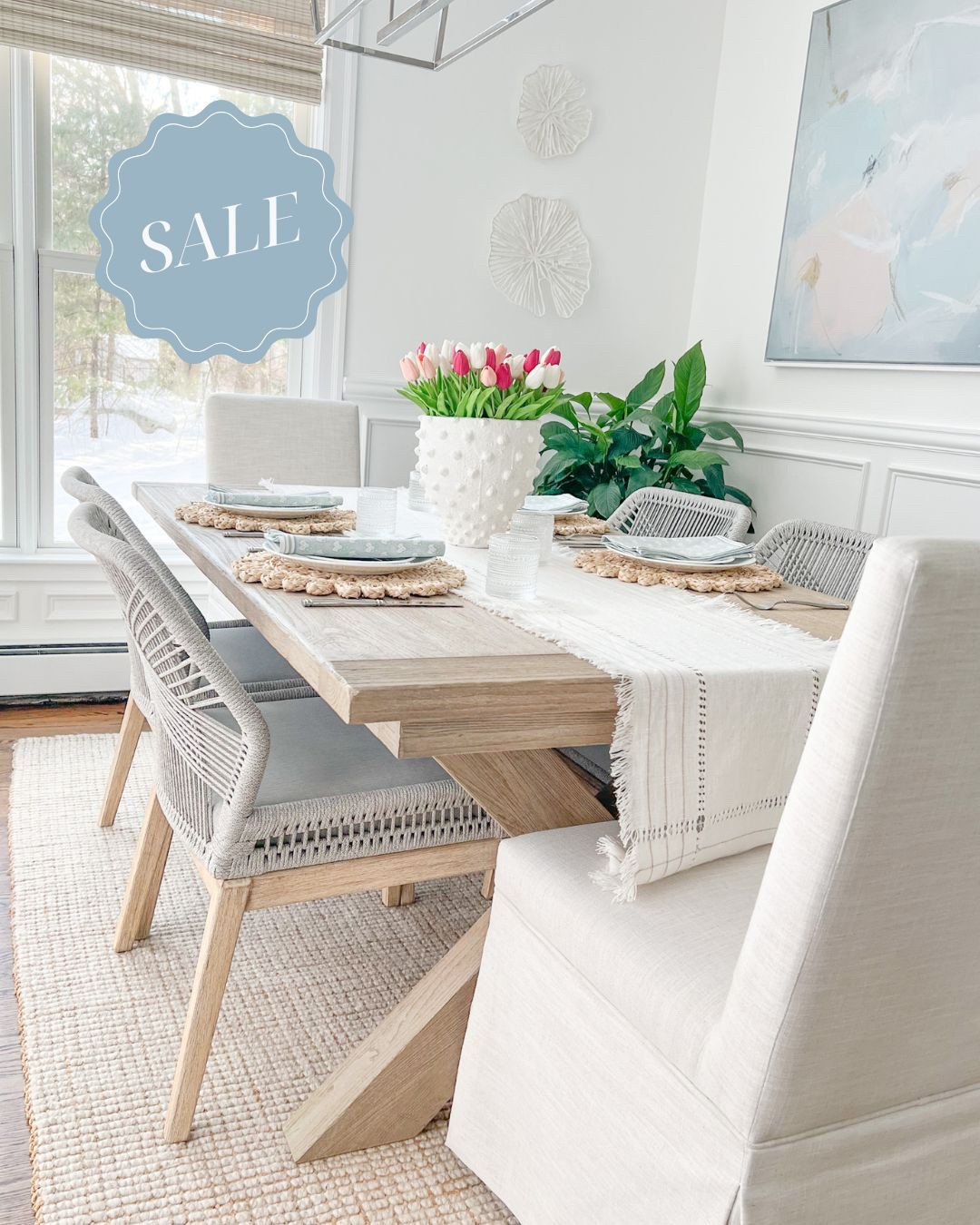 Many items in my dining room are on sale this weekend, including my dining table, white planter, pendant light, coral wall decor & more!
------ 
coastal home decor, coastal decor, coastal style, coastal dining room, neutral dining room, dining room ideas, spring home decor, spring tablescape, spring place setting, white vases, white planter, white pot, dining table decor, dining table centerpiece, cloth napkins, woven placemats, white dishes, white dinner plates, white dinnerware set, wayfair dining chairs, coastal dining chairs, woven dining chairs, rope chairs, dining room furniture, drinking glasses, dining room furniture, dining room ideas, faux flowers, amazon flowers, faux tulips, amazon tulips, coastal rugs, pottery barn rugs, jute rugs, dining room rugs, 5x8 rugs, 8x10 rugs, 9x12 rugs, dining room side chairs, pottery barn dining tables, toscana dining table, coastal dining tables, neutral rugs, farmhouse dining table, coastal wall decor, dining room artwork 

#LTKSaleAlert #LTKHome #LTKFindsUnder100