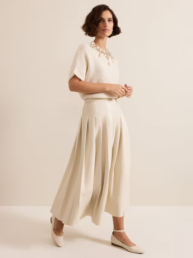 Phase Eight Susie Faux Leather Pleated Skirt, Cream | John Lewis (UK)