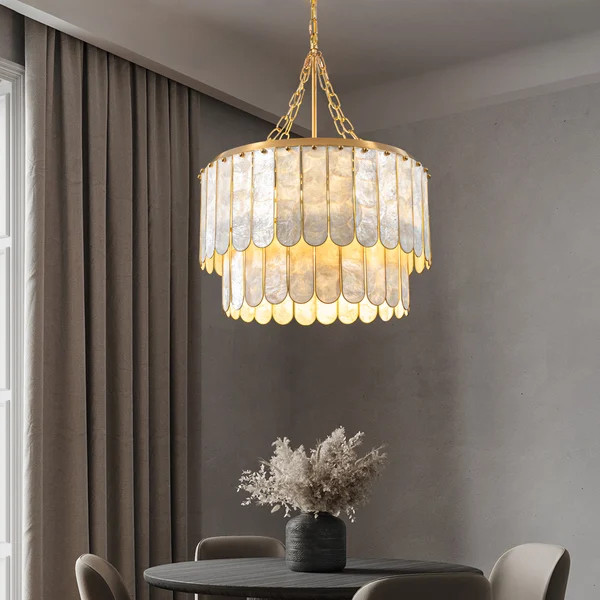 Coastal 5-Light Capiz Shell 2 Tiered Faceted Chandelier Pendant Light in Gold & White -Homary | Homary