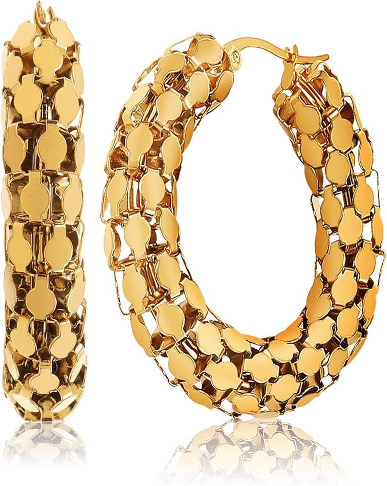 14K Gold Plated Chunky Hollow out Thick Gold Hoop Earrings for Woman Fashion Hypoallergenic Stain... | Amazon (US)