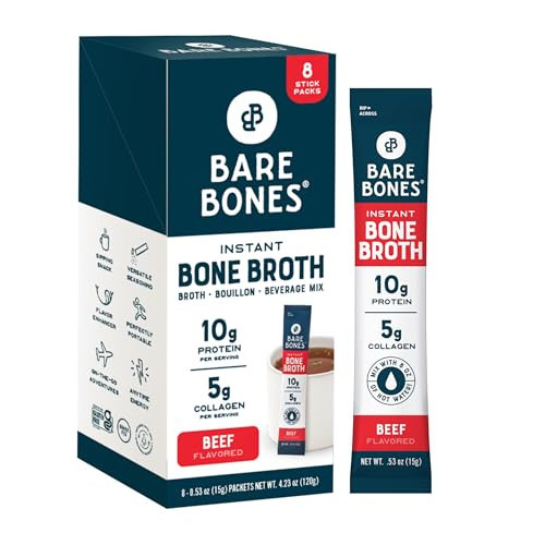 Bare Bones Beef Bone Broth Instant Powdered Mix | Rich Savory Packets on-the-Go No Artificial Flavors | 100% Grass Fed Keto & Paleo Friendly | 10g Protein | 8 Pack | Amazon (US)