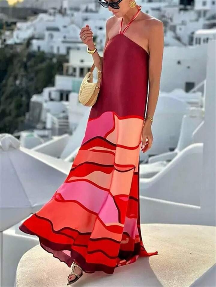 INAWLY Women's Contrast Color Halter Drawstring Maxi Casual Dress, Suitable For Vacation | SHEIN