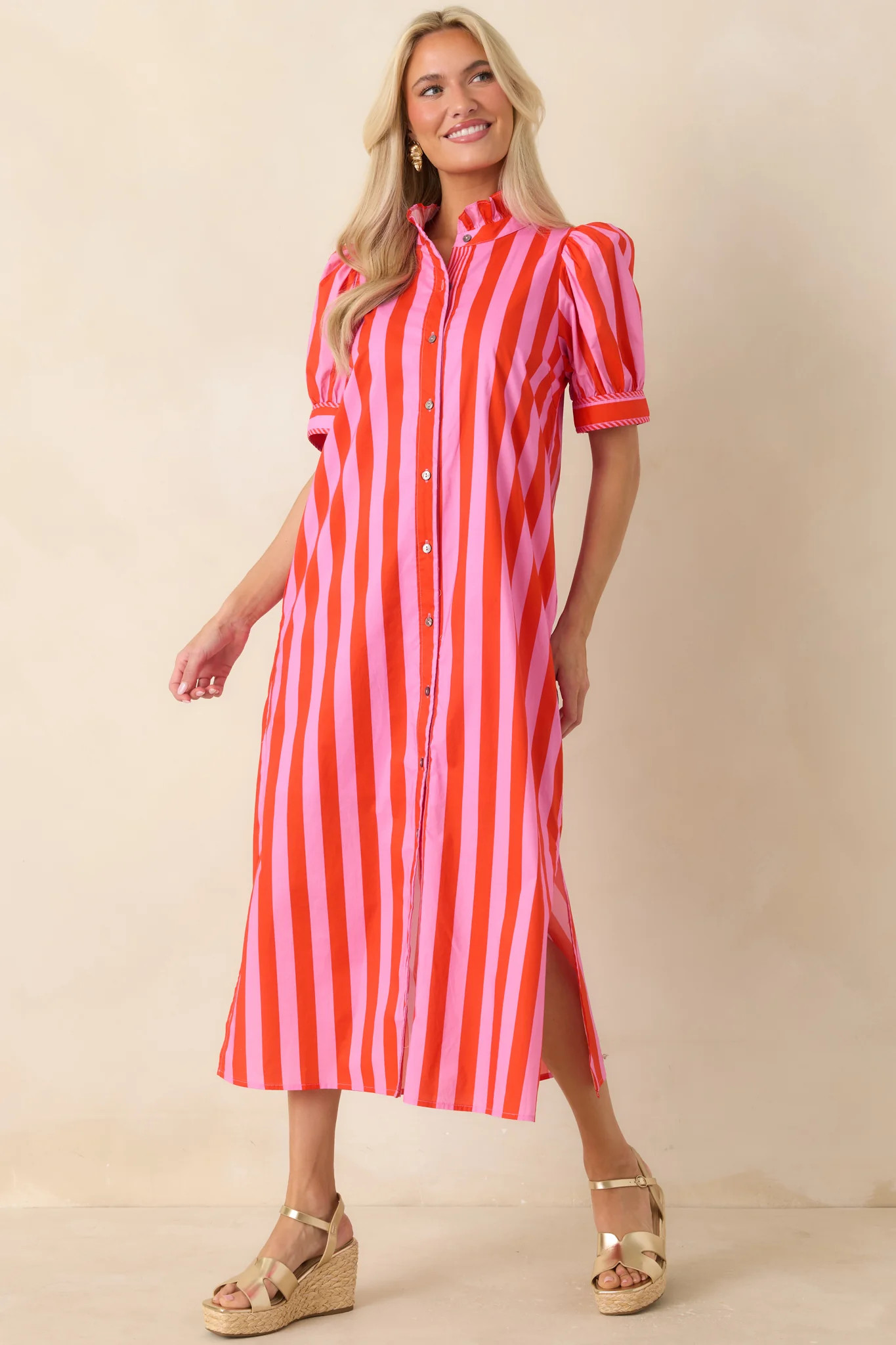 She\u2019s Electric Pink & Red Stripe Cotton Puff Sleeve Midi Dress | Red Dress