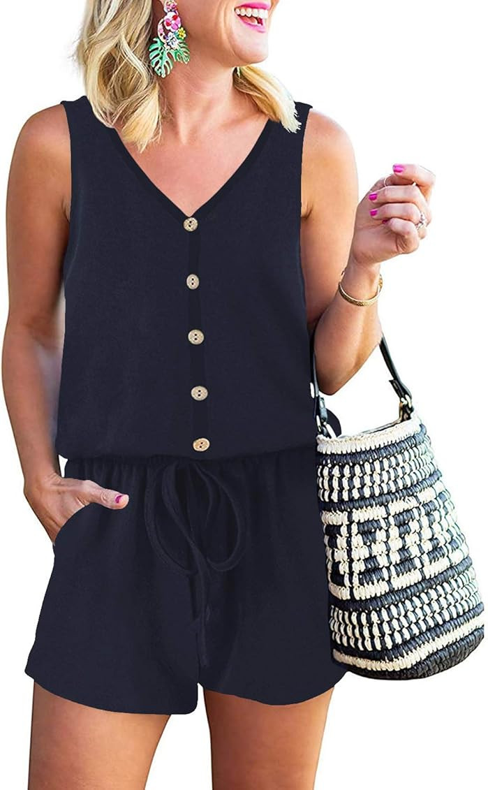 ANRABESS Women Summer Loose Solid Sleeveless Jumpsuit Rompers Spaghetti Strap Adjustable Waist Short | Amazon (US)