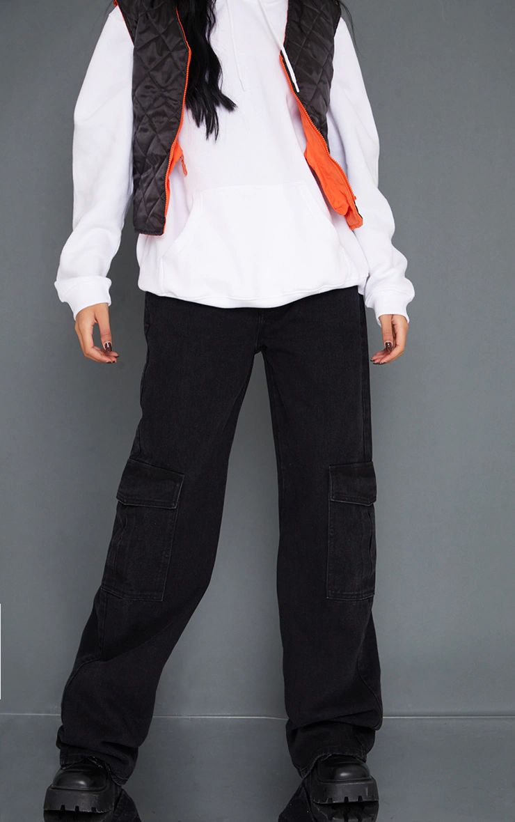 Tall  Washed Black Cargo Side Pocket Wide Leg Jeans | PrettyLittleThing US