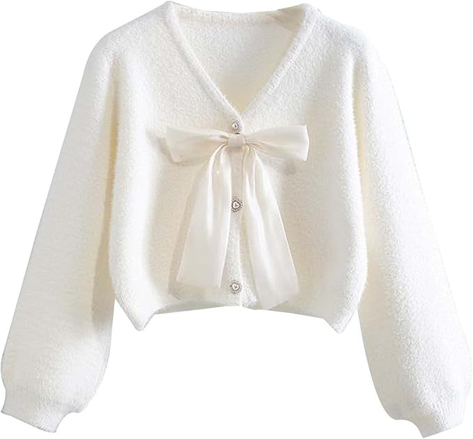 Women's Short Sweater Cardigan Winter Bow Knit Short Mink Velvet Coat Puff Sleeve V Neck Sweet La... | Amazon (US)