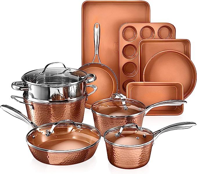 Gotham Steel Hammered Cookware Bakeware Set stainless steel pots gold amazon kitchen finds | Amazon (US)