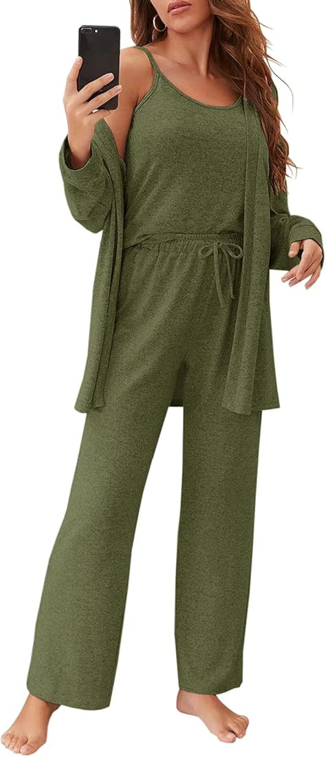 Womens 3 Piece Lounge Pajamas Set Cami Vest Wide Leg Pants and Cardigan Loungewear Nightwear | Amazon (US)