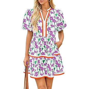 Cicy Bell Womens V Neck Floral Mini Dress Short Puff Sleeve Patchwork Summer Casual Boho Dresses | Amazon (US)