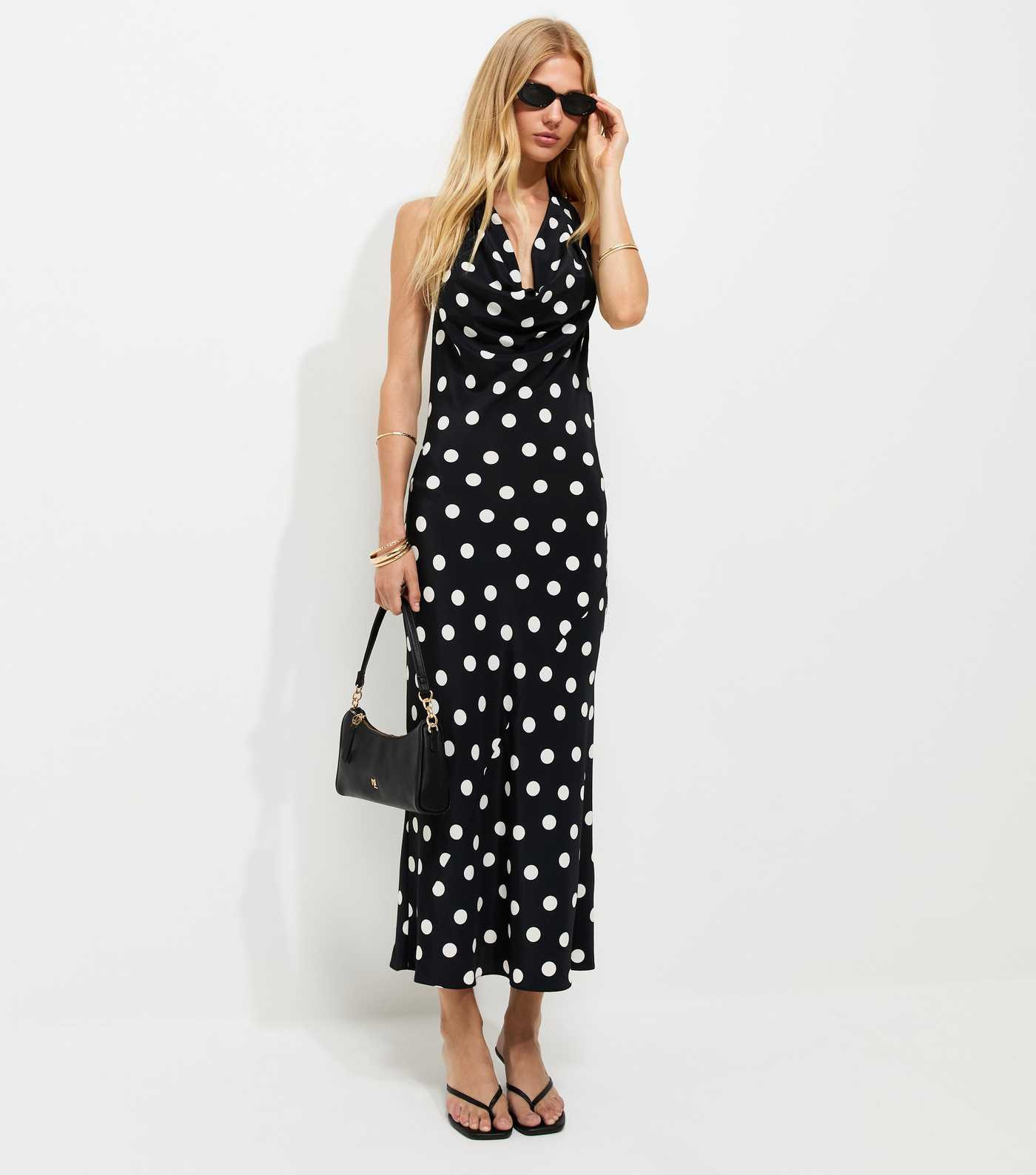 Black Satin Polka Dot Cowl Halterneck Midi Dress | New Look | New Look (UK)