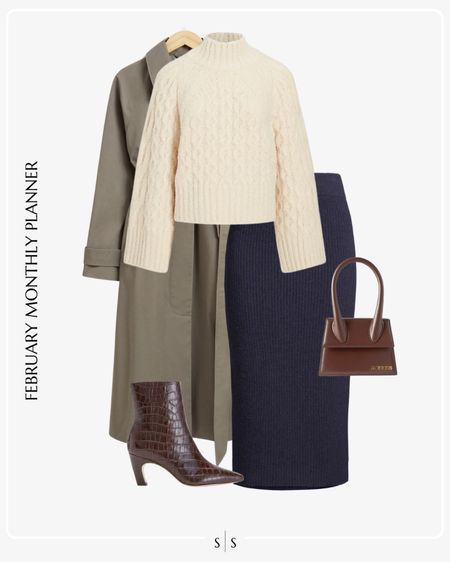 Monthly outfit planner: FEBRUARY: Winter looks | neutral sweater, midi knit skirt, ankle boot, trench coat

See the entire calendar on thesarahstories.com ✨ 

#LTKworkwear #LTKstyletip