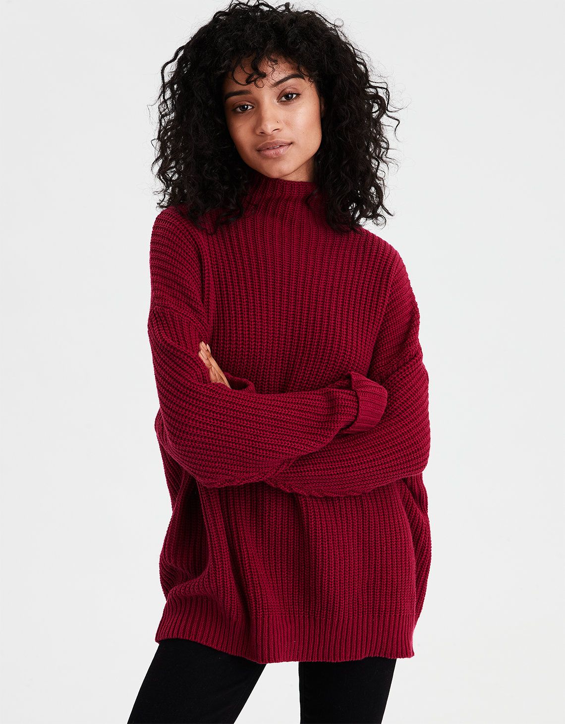 AE Slouchy Turtleneck Sweater, Berry | American Eagle Outfitters (US & CA)