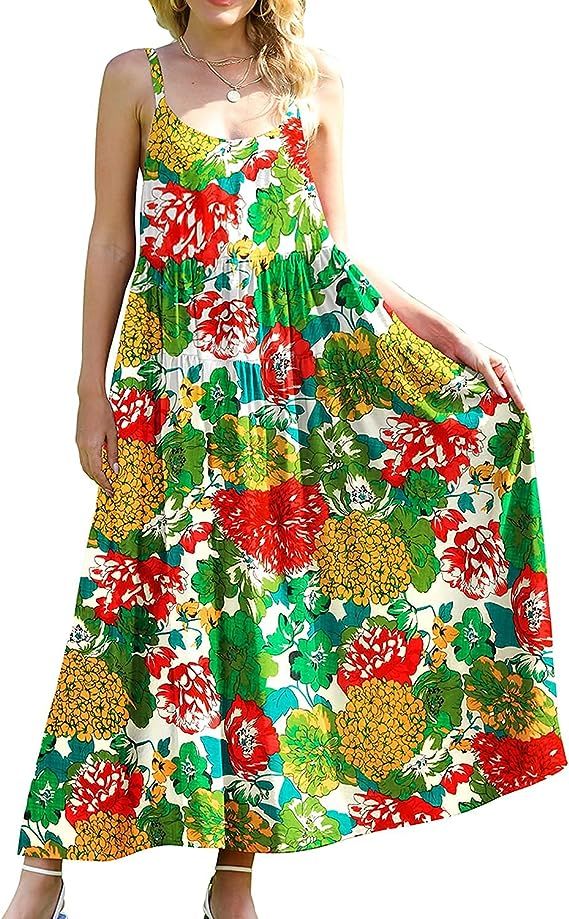 YESNO Women Casual Loose Bohemian Floral Print Dresses Spaghetti Strap Long Summer Beach Swing Dr... | Amazon (US)