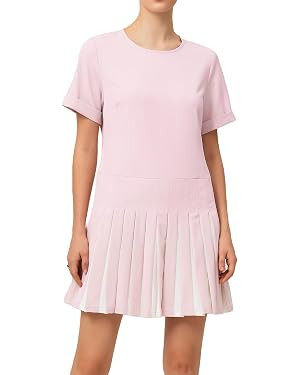 Women's Pleated Short Sleeve Mini Dress Crewneck Loose Fit Flowy Swing Short Dress | Amazon (US)