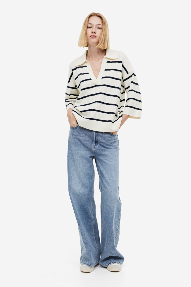 Rib-knit Sweater with Collar - Cream/striped - Ladies | H&M US | H&M (US + CA)