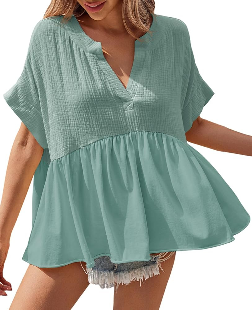 Tankaneo Womens Peplum Babydoll Tops Summer Short Sleeve Pleated Flowy Shirts Casual Loose Fit V ... | Amazon (US)