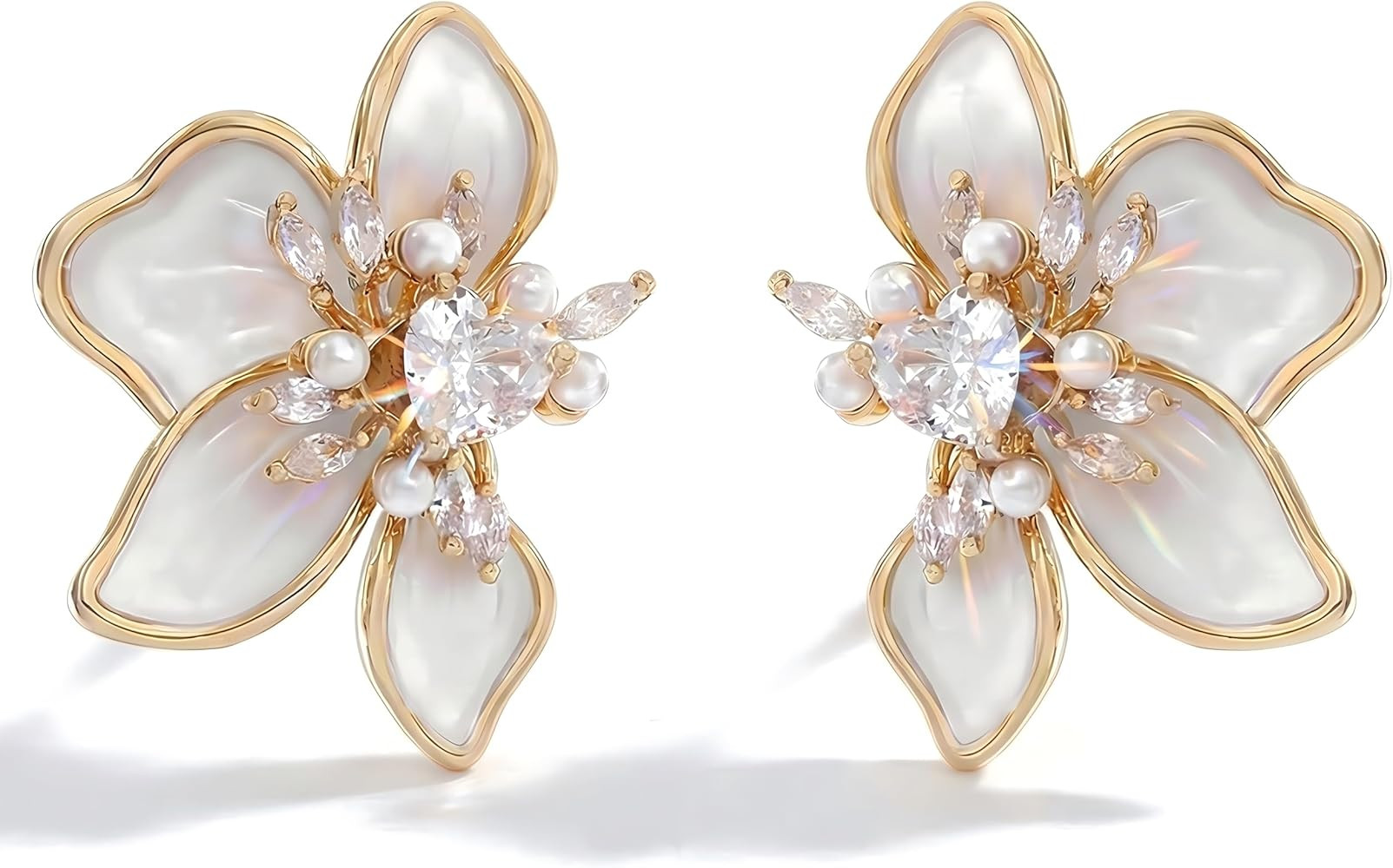 14K Gold Vermeil Flower Stud Earrings for Women, Ivory Freshwater Pearl & 5A CZ, 925 Sterling Sil... | Amazon (US)