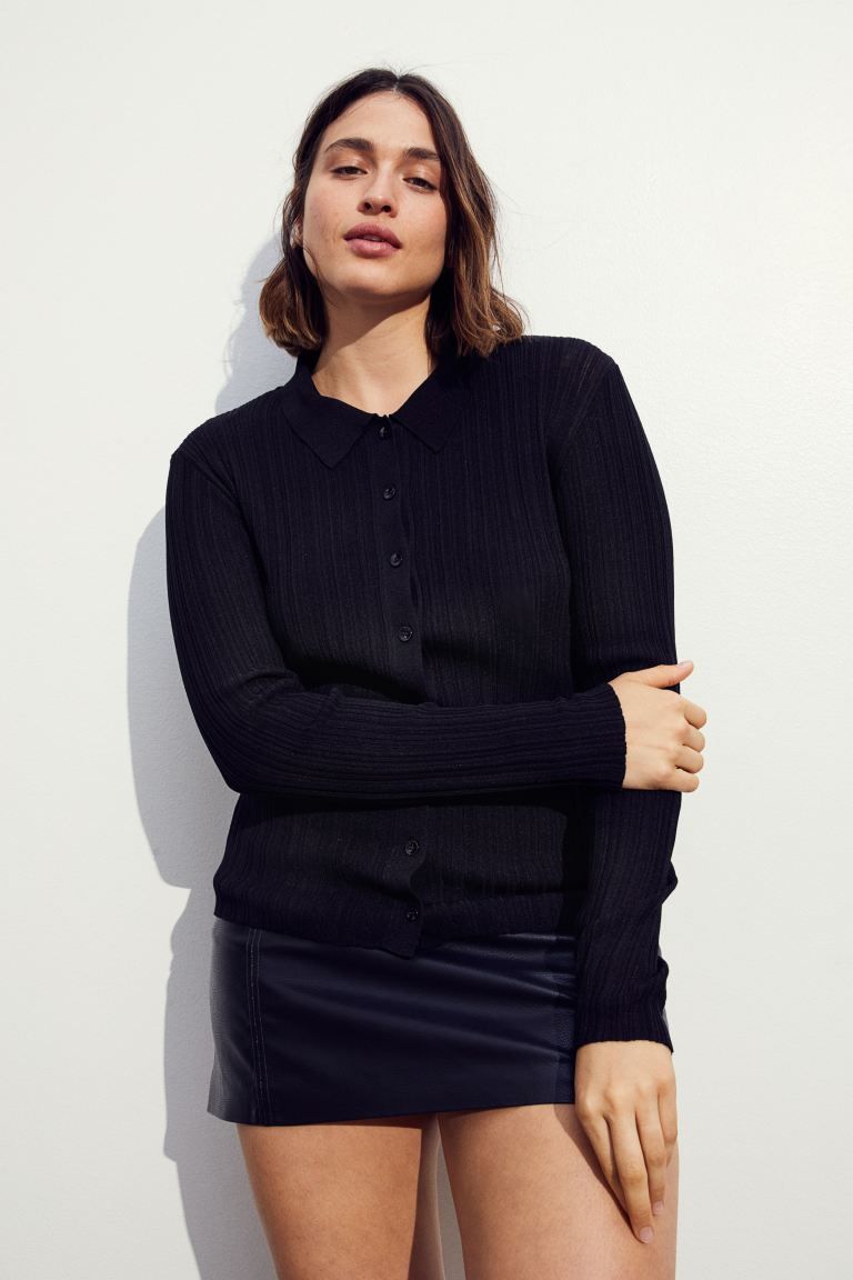 Rib-knit Cardigan with Collar - Black - Ladies | H&M US | H&M (US + CA)