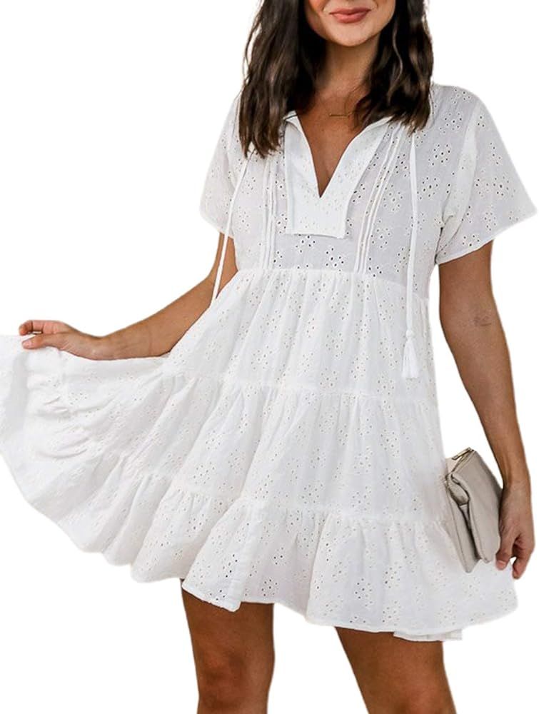 Women's 2021 Embroidery Summer Swing Mini Dress Flowy Loose Badydoll Dress | Amazon (US)