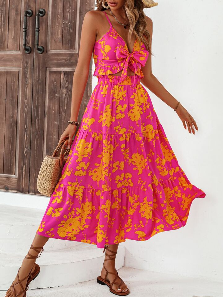 SHEIN VCAY Floral Print Knot Front Cami Top & Ruffle Hem Skirt | SHEIN