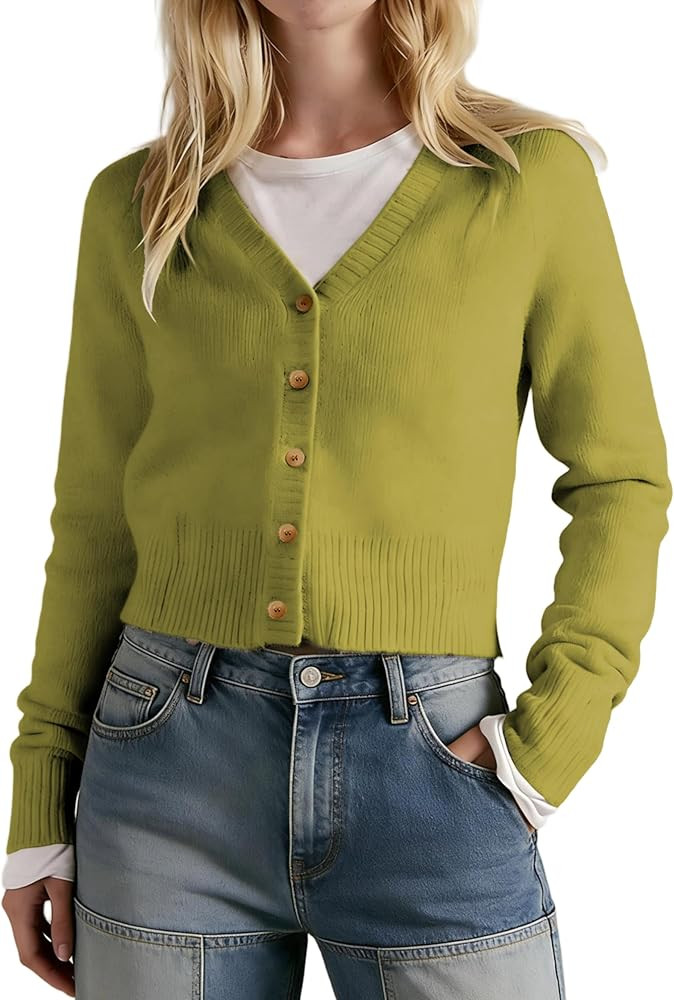 Women's V Neck Slim Fit Cardigans Button Down Long Sleeve Short Sweater Casual Comfort for Office... | Amazon (US)