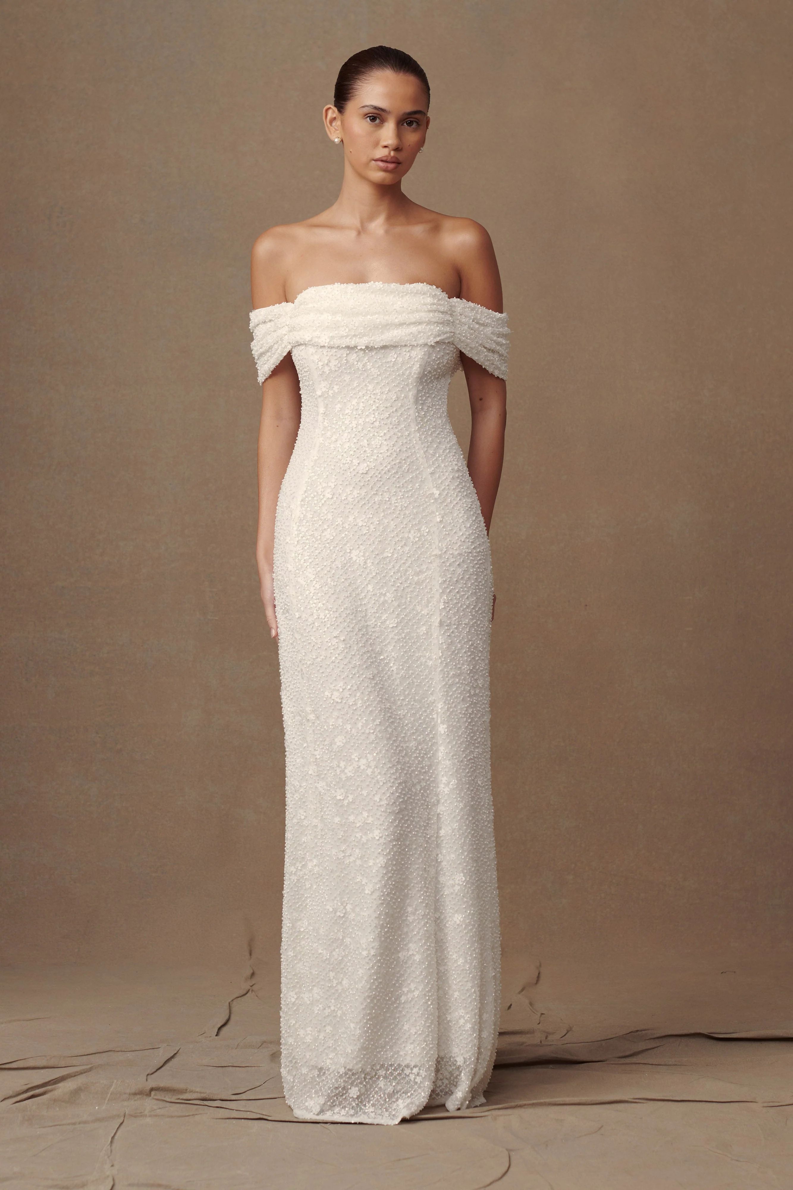 Priyanka Daisy Beaded Off Shoulder Wedding Gown - White | MESHKI US