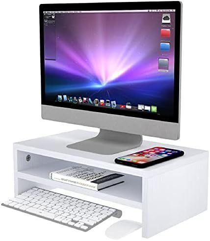 White Monitor Stand Riser, VLikeze 2 Tiers Computer Monitor Stand with Storage, Desktop Organizer Sc | Amazon (US)