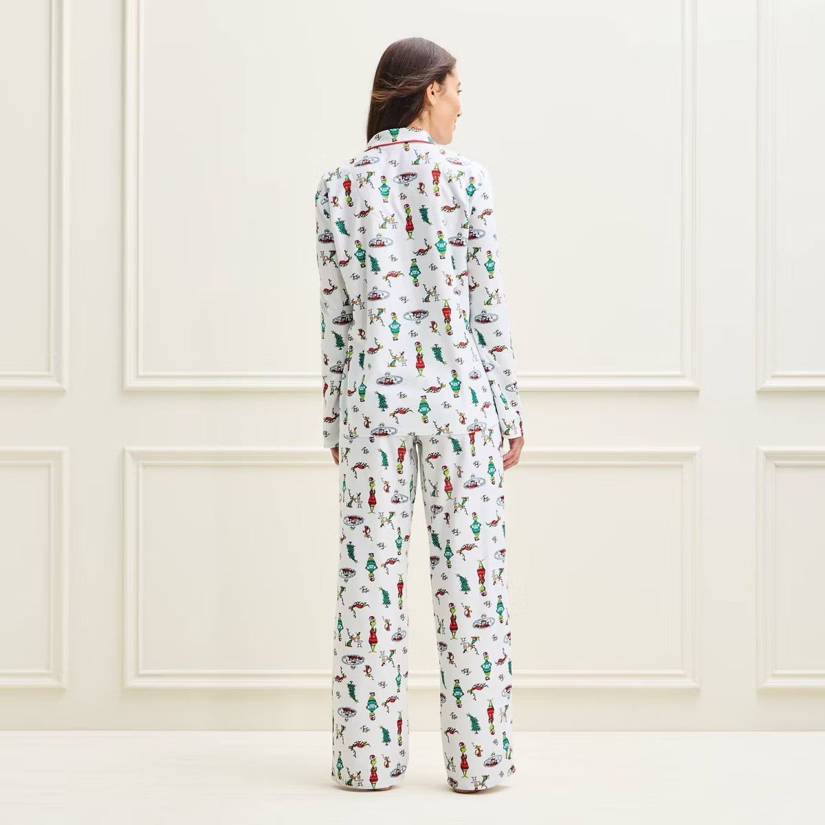 Women's The Grinch Long Sleeve Shirt and Pants Holiday Matching Family Sleep Pajama Set - Cream M | Target