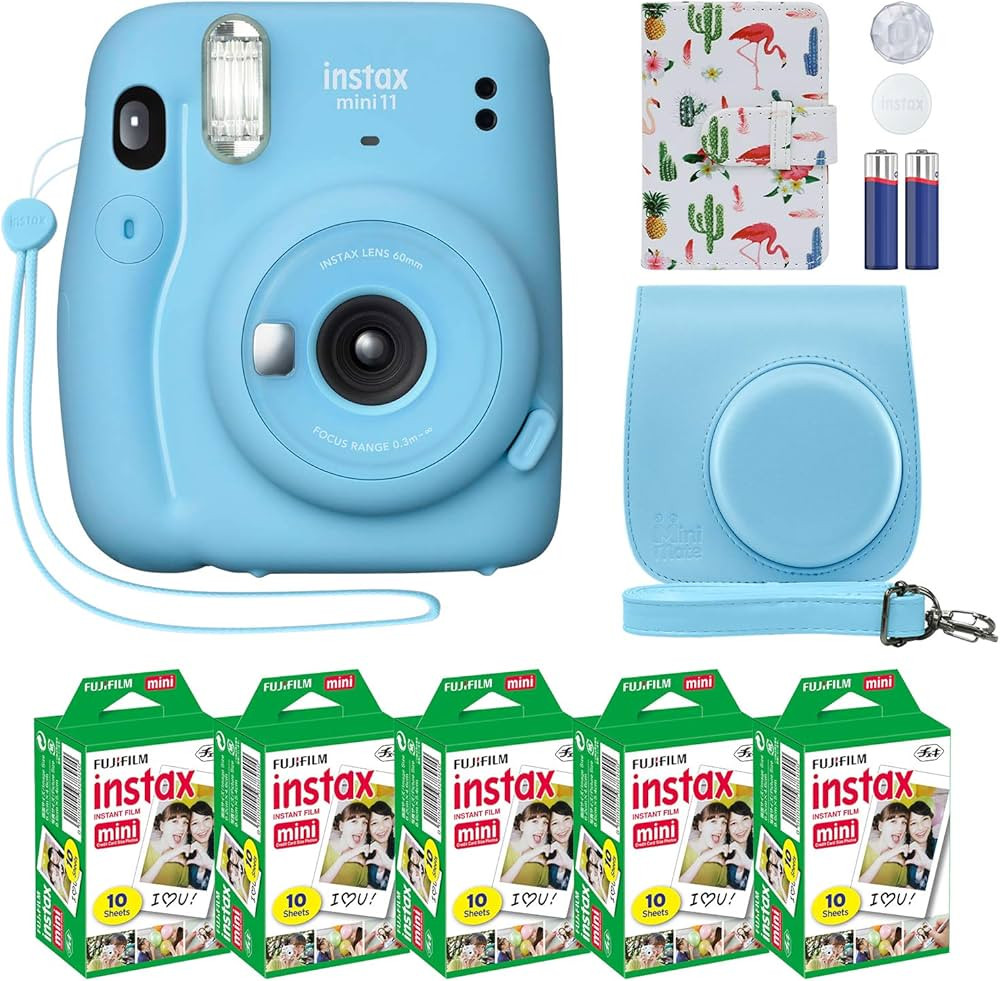 Fujifilm Instax Mini 11 Instant Camera Sky Blue + Custom Case Fuji Film Value Pack (50 Sheets) Fl... | Amazon (US)