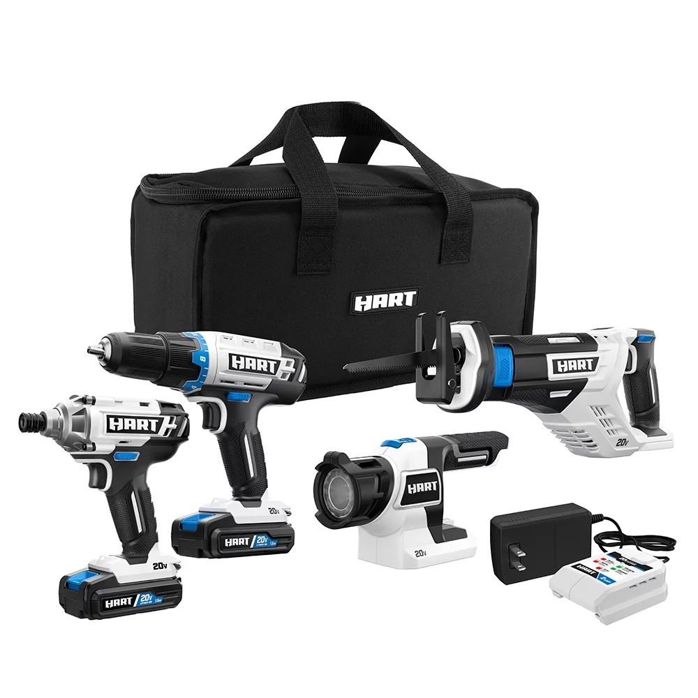 HART 20-Volt Cordless 4-Tool Combo Kit (2) 1.5Ah Lithium-Ion Batteries and 16-inch Storage Bag | Walmart (US)