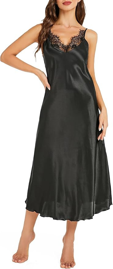 Litherday Silk Nightgown for Women Long Satin Slip Dress Nightdress Silky Chemise Nightie Soft V ... | Amazon (US)