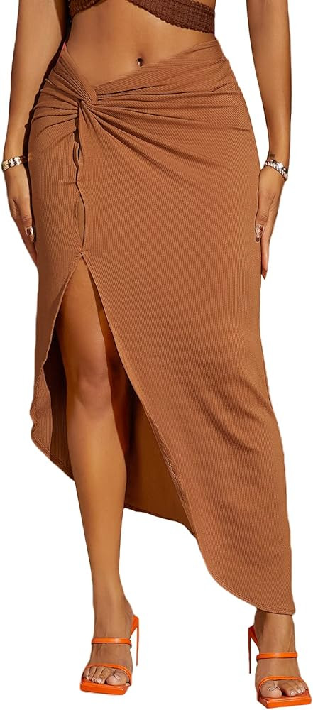 SheIn Women's Split Thigh Twist Front Midi Skirt Slit Long Skirt Cover Up | Amazon (US)