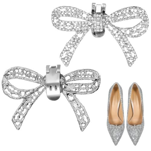LLOUSSAK 1Pair Rhinestone Shoe Clips, Detachable Bow Shoe Clips, Wedding Rhinestone Bow Shoe Buckles Removable Rhinestone Bow Shoe Clips for Bridal Wedding Party Crystal Shoe Buckles(Silver) | Amazon (US)