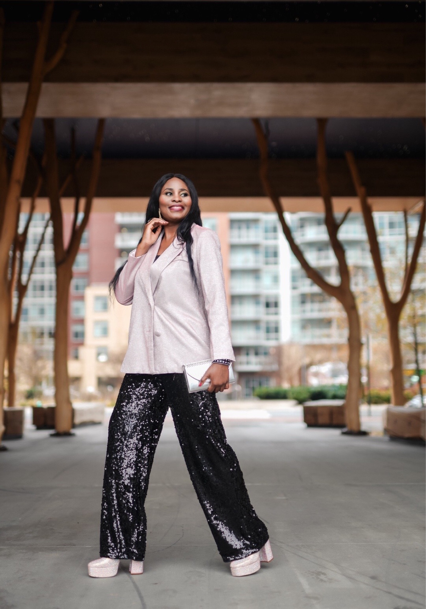 Black Sequin pants and light pink glitter jacket 

#LTKHoliday #LTKstyletip #LTKparties