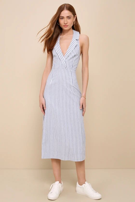 Poised in Palermo White and Blue Striped Cutout Midi Dress | Lulus